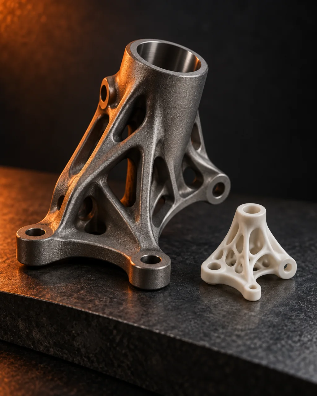Metal printed bracket beside a ceramic part