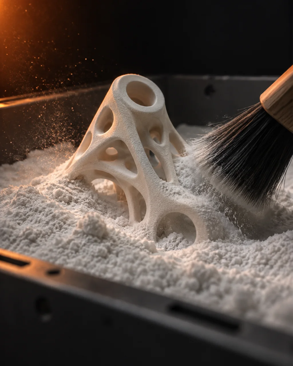 SLS part emerging from nylon powder