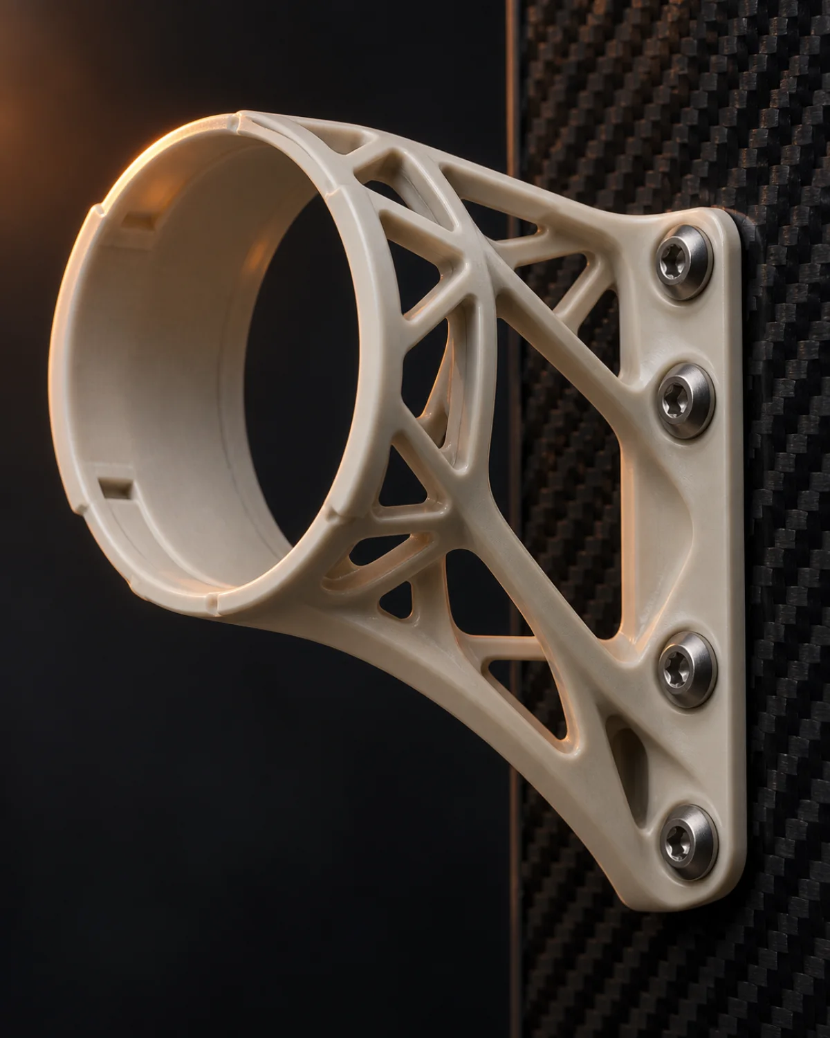 Lightweight PEEK ducting bracket on a carbon-fibre panel