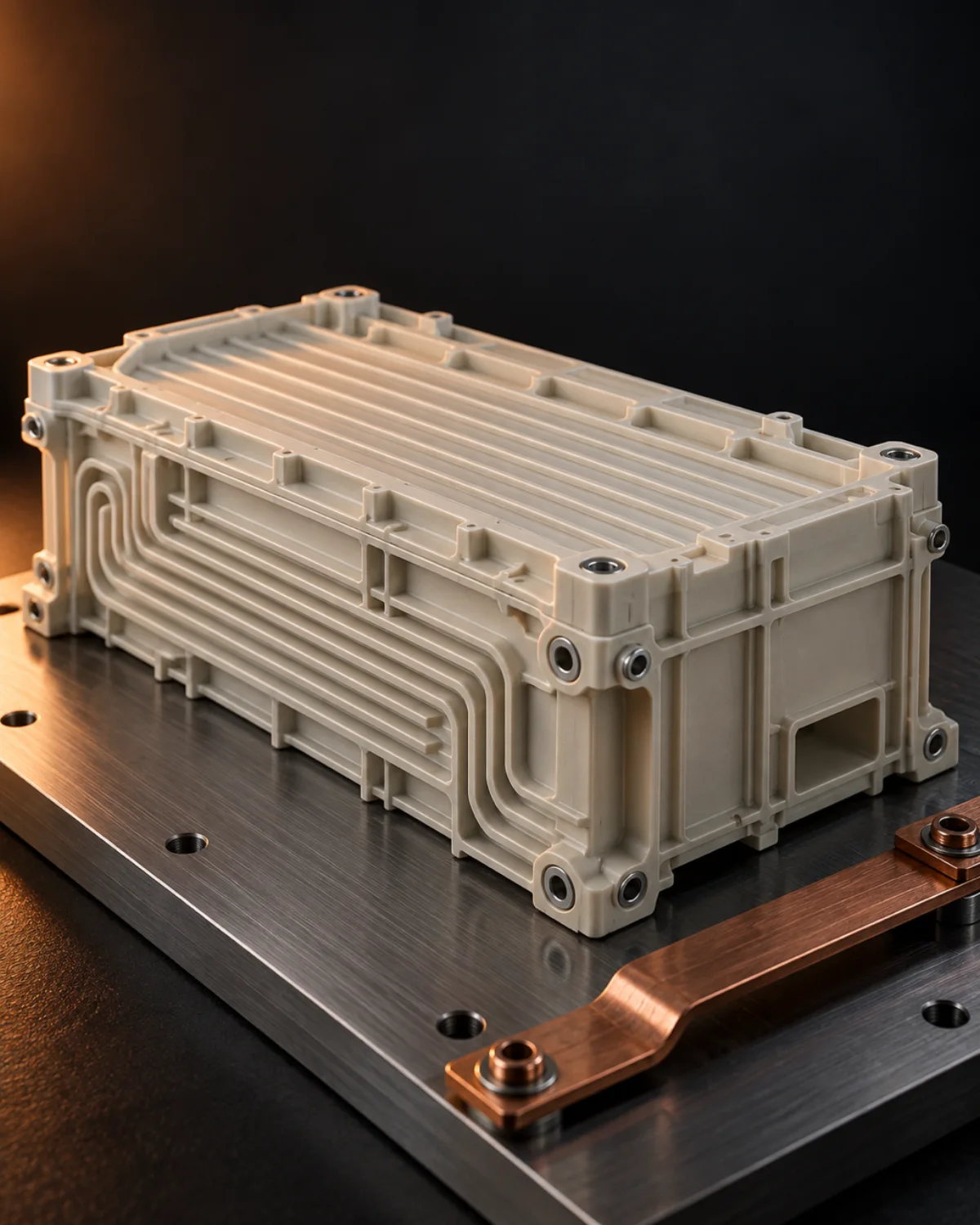 PEEK EV battery module housing with cooling channels