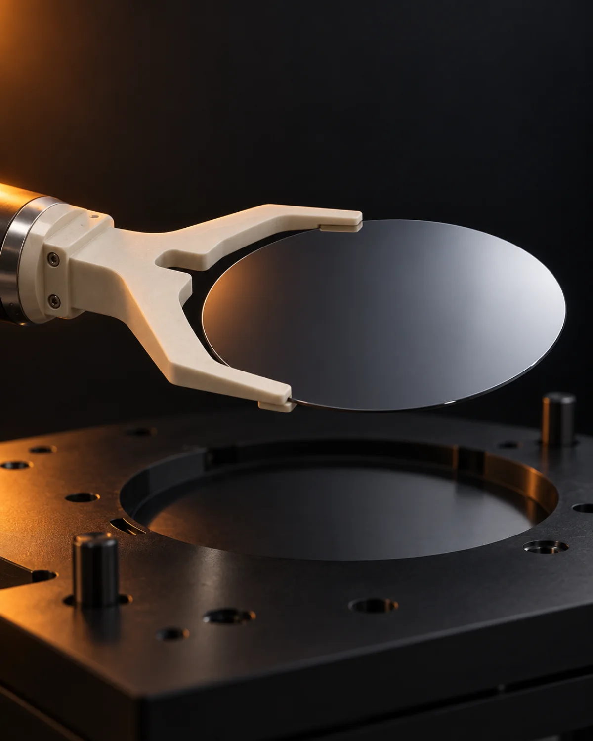 PEEK wafer-handling end-effector holding a silicon wafer