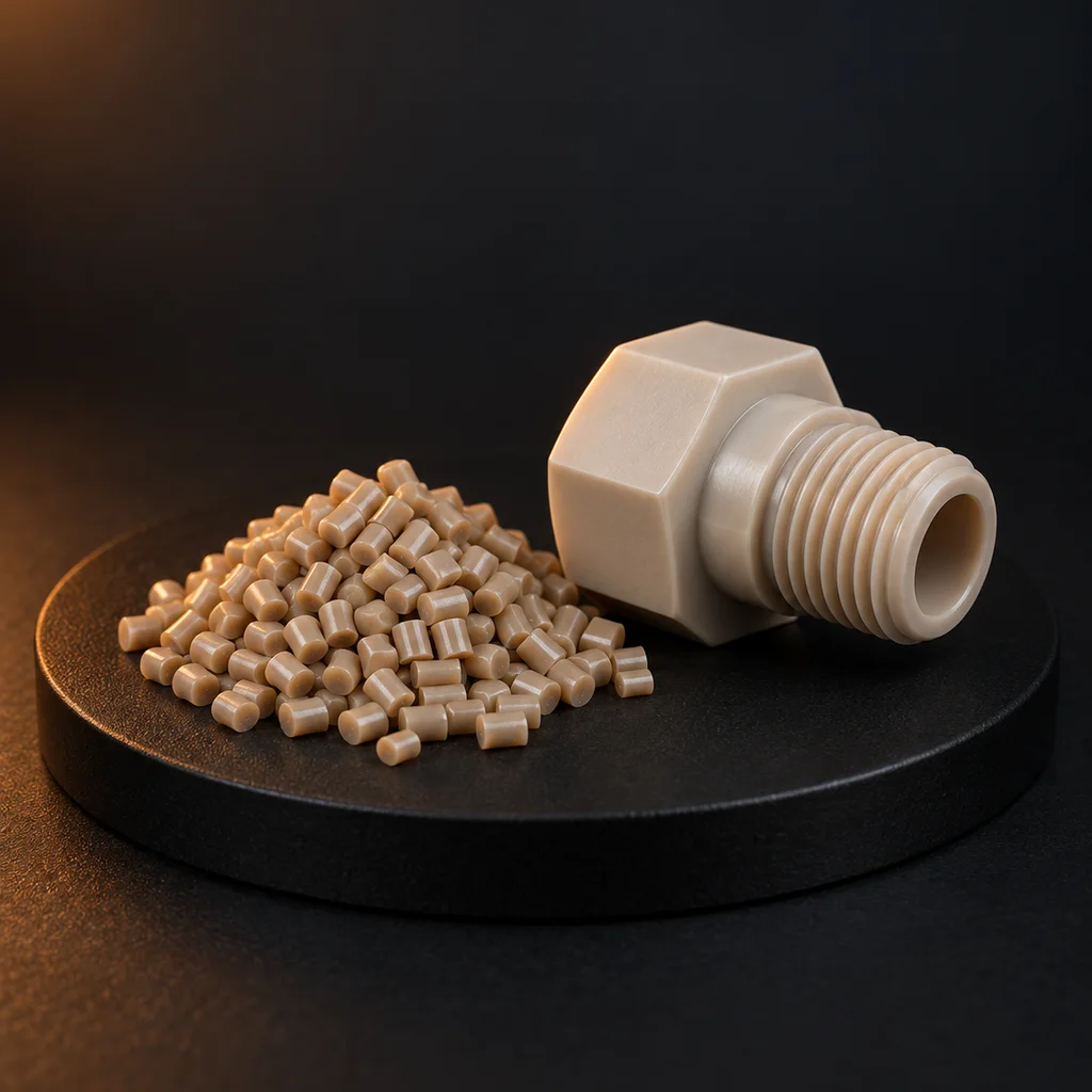 Natural PEEK pellets beside a machined PEEK fitting