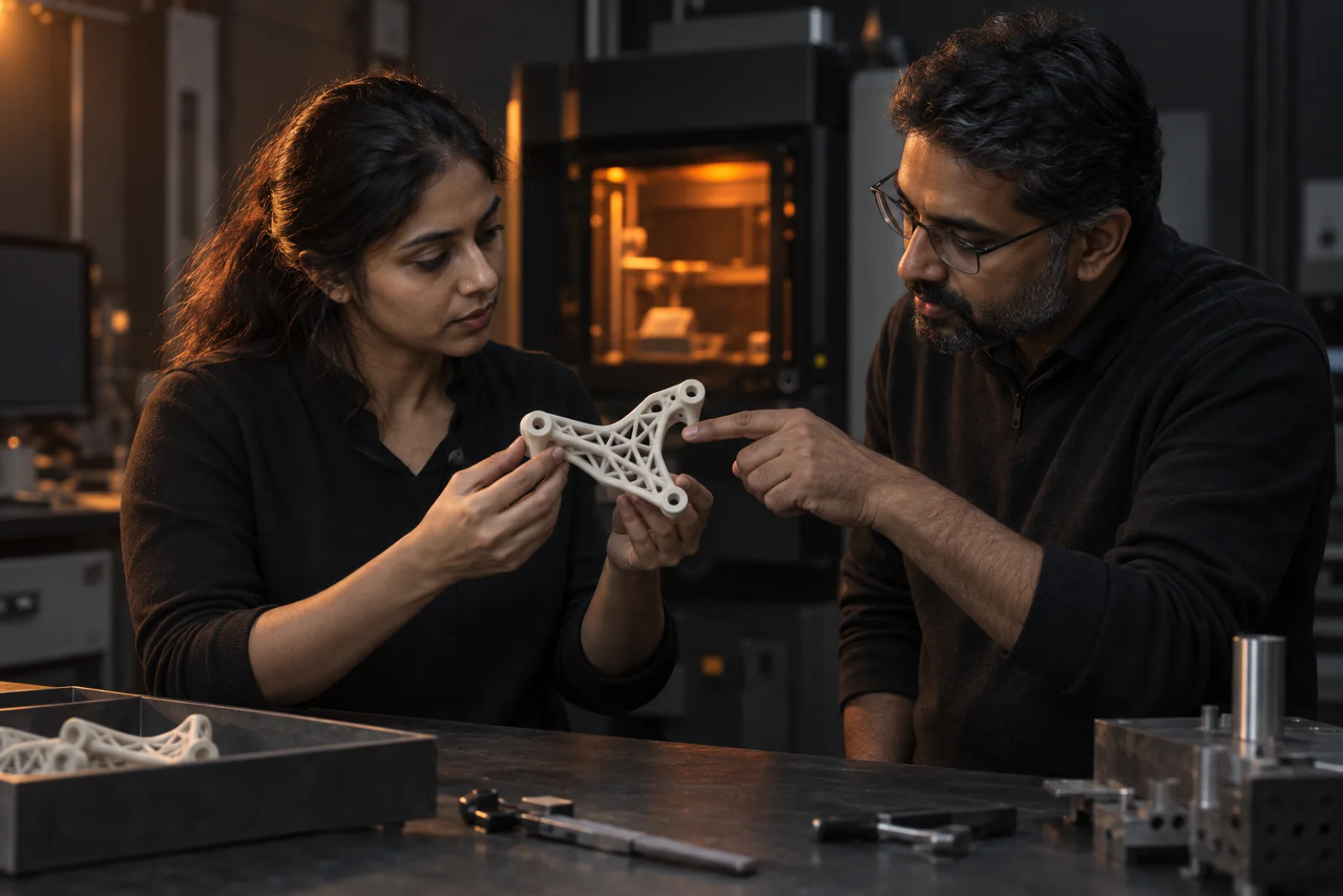 Two engineers examining a 3D-printed PEEK lattice bracket beside an industrial printer