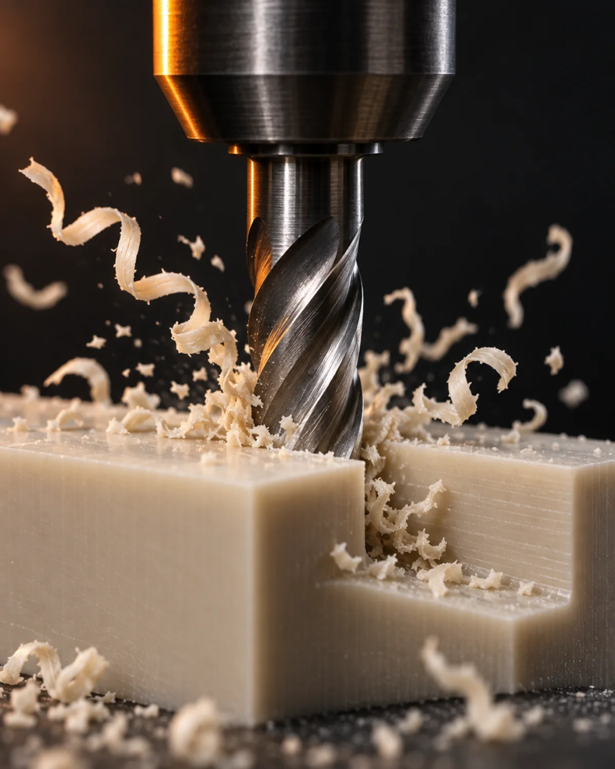 End mill cutting a block of PEEK