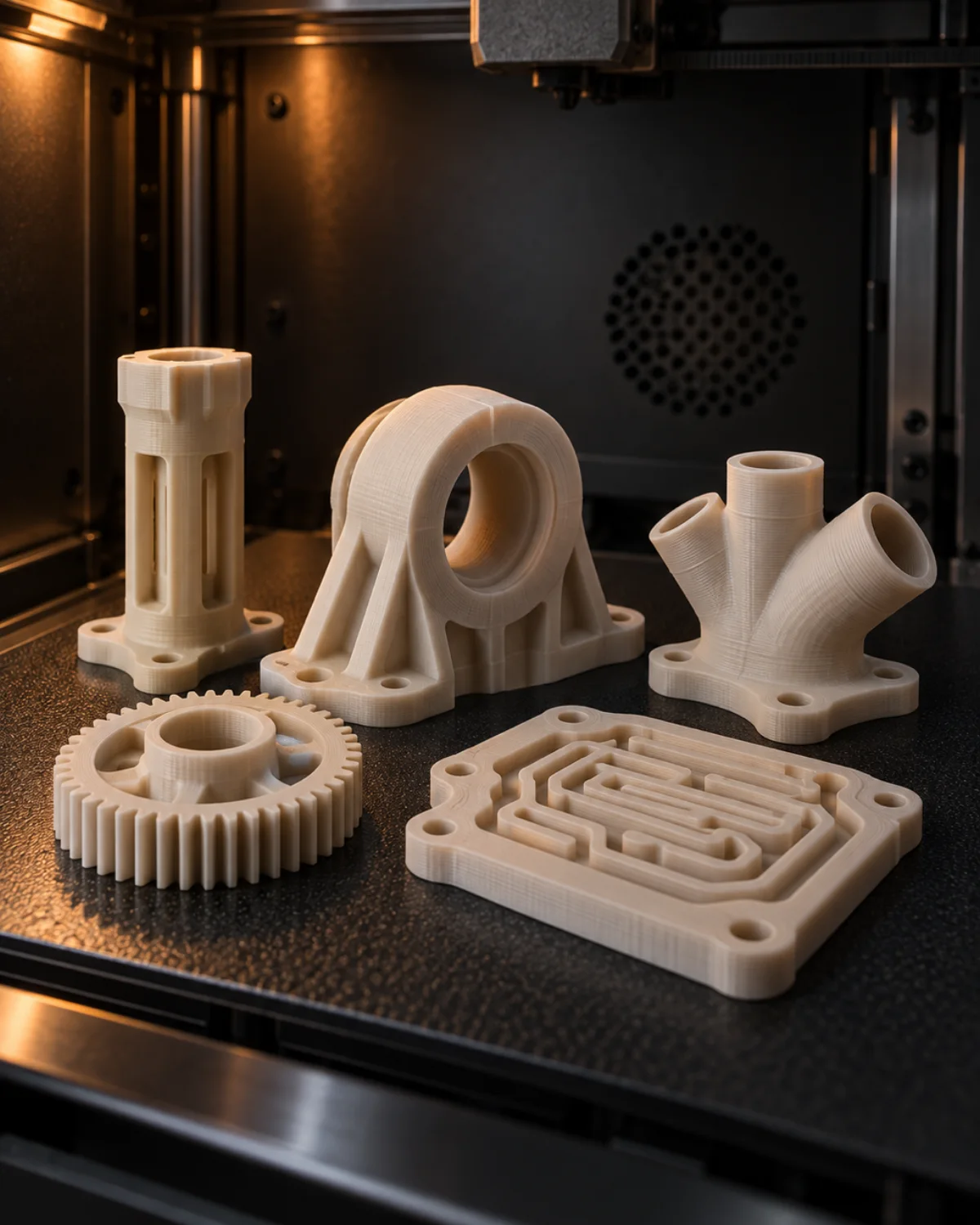 Finished PEEK printed parts on a build plate